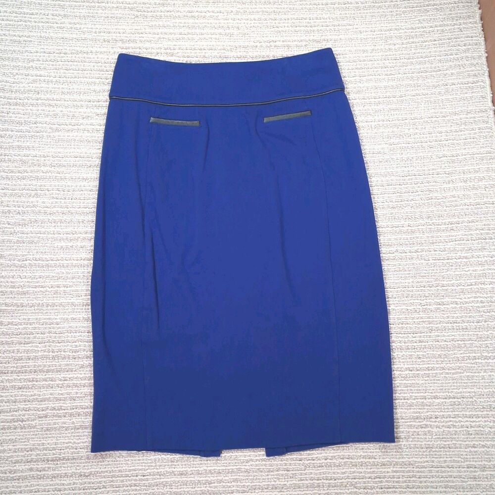 ​EXPRESS Womens Royal Blue Pencil Skirt Faux Leather Trim Piping Sz 8 Knee Work